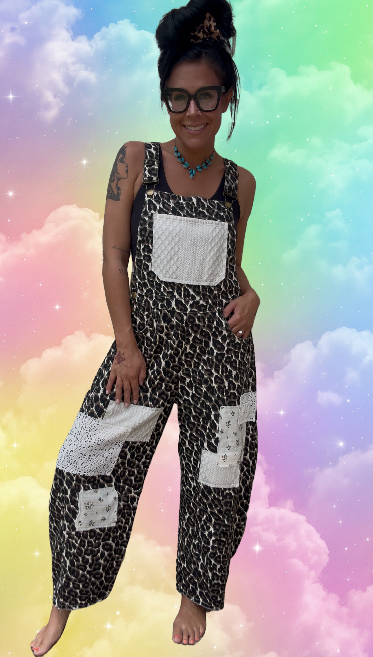 Patchwork cheetah overalls