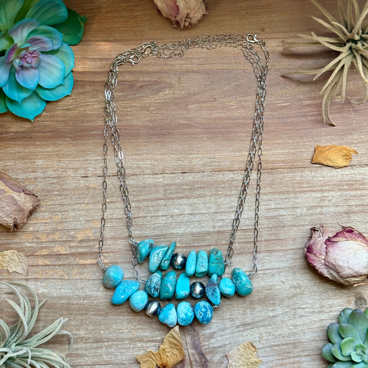 Chunky Turquoise & Sterling Silver Pearl Paperclip Necklace