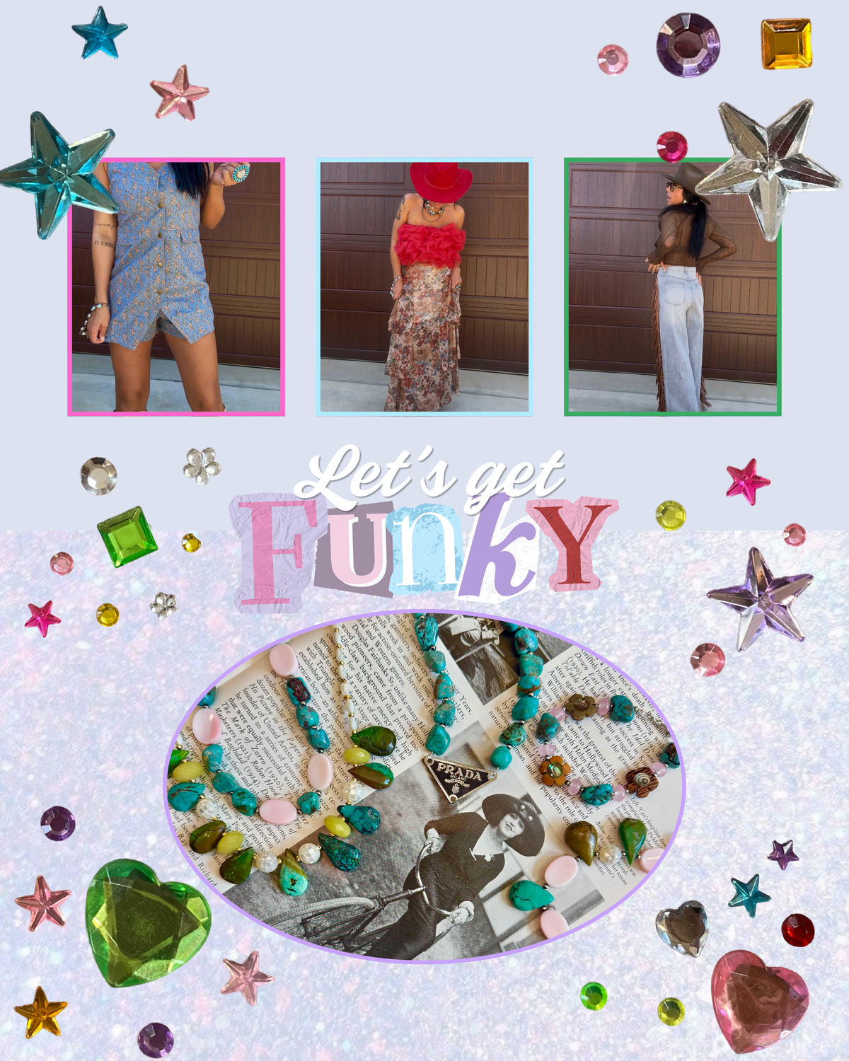 A colorful collage-style promotional graphic with three inset photos of a woman modeling outfits, a large oval showing turquoise and pink beaded jewelry laid over a vintage magazine page, and the text 'Let's get Funky' in pastel letters. The design is decorated with star and gem shapes on a pale lavender background.